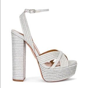 Aquazurra Sundance Silver Metallic Glitter Platform Sandals 38.5